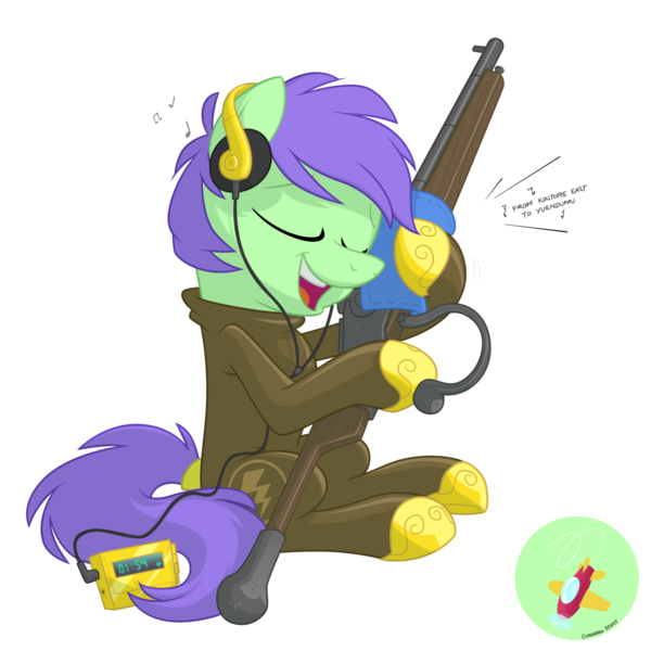 Size: 1952x1952 | Tagged: artist:equestria-prevails, derpibooru import, gun, headphones, music player, oc, rifle, safe, simple background, solo, transparent background, unofficial characters only, weapon