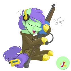 Size: 1952x1952 | Tagged: artist:equestria-prevails, derpibooru import, gun, headphones, music player, oc, rifle, safe, simple background, solo, transparent background, unofficial characters only, weapon
