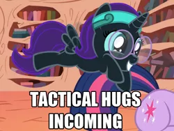 Size: 800x600 | Tagged: alicorn, artist:niggerfaggot, caption, derpibooru import, hug, image macro, oc, oc:nyx, safe, text, twilight sparkle