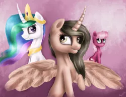 Size: 1306x1014 | Tagged: safe, artist:agussska, derpibooru import, cheerilee, princess celestia, oc, alicorn, pony, alicorn oc, horn, nicole oliver, wings