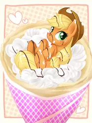 Size: 1310x1747 | Tagged: applejack, artist:yangshuo, artist:朔夜~さくや~, cute, derpibooru import, food, heart, on back, pixiv, safe, solo