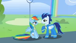 Size: 1024x576 | Tagged: safe, artist:madzik0107, derpibooru import, rainbow dash, soarin', pegasus, pony, wonderbolts academy, bedroom eyes, clothes, duo, female, flirting, male, mare, rainbow, shipping, soarindash, stallion, straight, uniform, wonderbolt trainee uniform, wonderbolts uniform