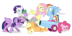 Size: 1640x830 | Tagged: safe, artist:dm29, derpibooru import, applejack, fluttershy, pinkie pie, rainbow dash, rarity, spike, twilight sparkle, twilight sparkle (alicorn), alicorn, pony, blindfold, clothes, computer, female, laptop computer, mane seven, mane six, mare, party cannon, simple background, socks, transparent background, vector