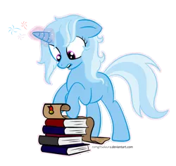 Size: 1448x1368 | Tagged: safe, artist:zomgitsalaura, derpibooru import, trixie, pony, unicorn, book, female, magic, mare, messy mane, scroll, solo, studying