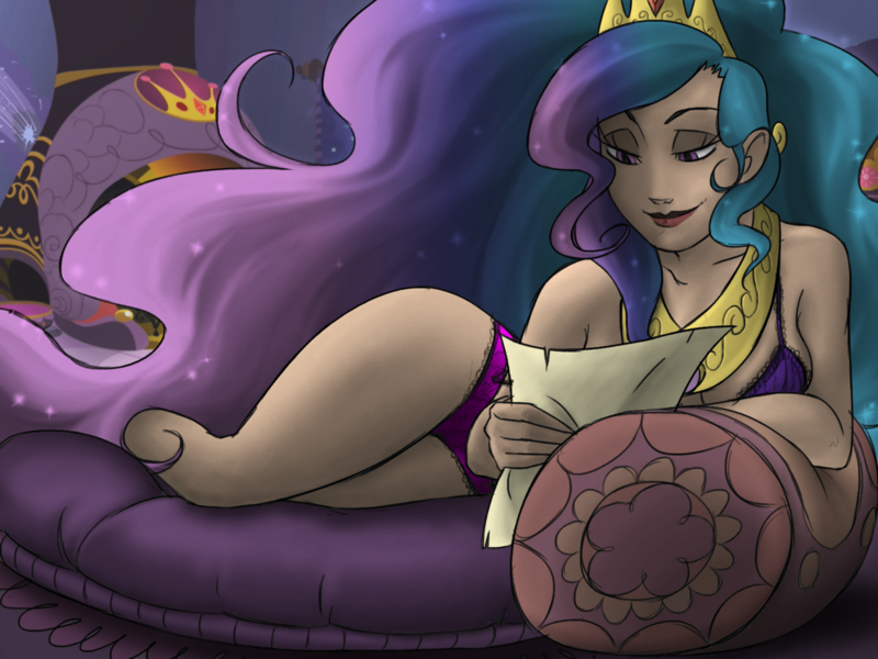 Size: 1280x960 | Tagged: artist:thelivingmachine02, bra, breasts, clothes, dark, derpibooru import, female, frilly underwear, human, humanized, lingerie, long mane, panties, pillow, princess celestia, reading, scroll, side, smiling, solo, solo female, suggestive, underwear