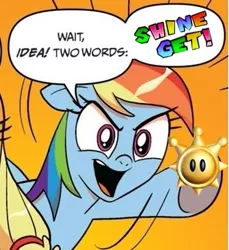 Size: 335x366 | Tagged: applejack, comic, derpibooru import, exploitable meme, meme, nintendo, obligatory pony, rainbow dash, safe, shine sprite, super mario sunshine, two words meme