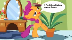 Size: 854x475 | Tagged: chickun, derpibooru import, edit, edited screencap, exploitable meme, faic, forced meme, green isn't your color, meme, potted plant, safe, scootaloo, screencap, secret pot meme, solo, speech bubble, twilight's confessions, twilight sparkle