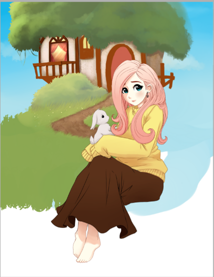 Size: 428x554 | Tagged: angel bunny, artist:starshinebeast, barefoot, clothes, derpibooru import, ear piercing, earring, feet, fluttershy, fluttershy's cottage, human, humanized, jewelry, long skirt, looking at you, piercing, safe, skirt, sweater, sweatershy, wip