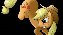 Size: 3840x2160 | Tagged: angry, applejack, artist:herostrain, bucking, derpibooru import, safe, simple background, solo