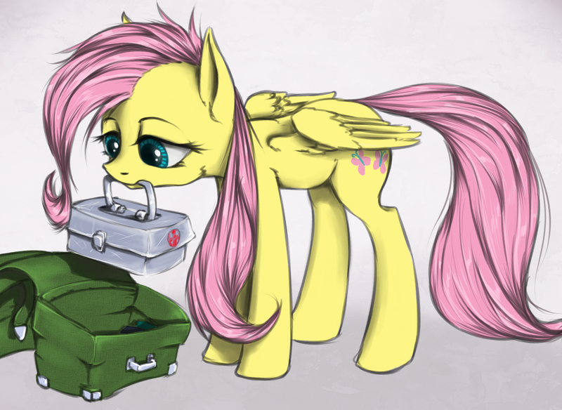 Size: 1313x958 | Tagged: artist:madhotaru, bag, derpibooru import, fluttershy, kit, medkit, mouth hold, saddle bag, safe, solo