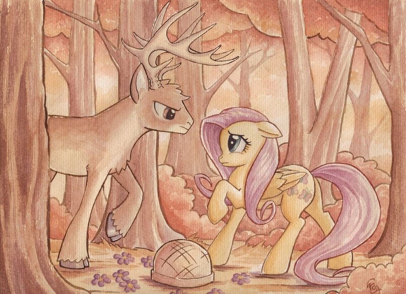 Size: 1024x742 | Tagged: safe, artist:the-wizard-of-art, derpibooru import, fluttershy, deer, pegasus, pony, basket, buck, cloven hooves, duo, female, flower, forest, male, mare, raised hoof, stag, traditional art, watercolor painting, whitetail deer, whitetail woods