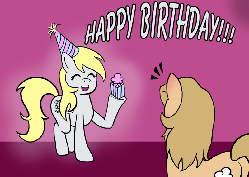 Size: 1280x914 | Tagged: safe, artist:outofworkderpy, artist:slavedemorto, derpibooru import, derpy hooves, oc, oc:backy, earth pony, pegasus, pony, duo, duo female, female, hat, mare, outofworkderpy, party hat, present