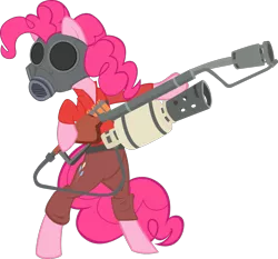 Size: 1129x1052 | Tagged: artist:rariedash, derpibooru import, flamethrower, gas mask, mask, parody, pinkie pie, pinkie pyro, pyro, safe, simple background, solo, team fortress 2, transparent background, weapon