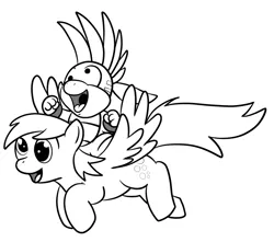 Size: 820x726 | Tagged: safe, artist:thebluenidobunny, derpibooru import, derpy hooves, pegasus, pony, crossover, derp, double derp, female, flying, koopalings, lemmy koopa, mare, monochrome, pony ride, riding, super mario bros.