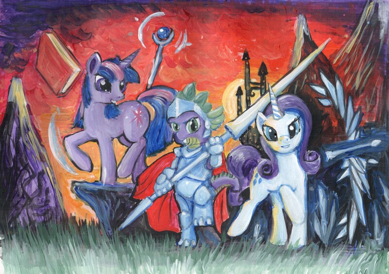 Size: 6920x4868 | Tagged: safe, artist:dalagar, derpibooru import, rarity, spike, twilight sparkle, dragon, pony, unicorn, absurd resolution, armor, book, canterlot, fantasy class, female, knight, lance, magic, male, mare, staff, telekinesis, traditional art, trio, unicorn twilight, warrior, weapon