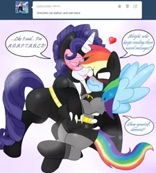 Size: 1655x1840 | Tagged: safe, artist:blackbewhite2k7, derpibooru import, rainbow dash, rarity, batman, blushing, catwoman, elusidash, elusive, female, half r63 shipping, lesbian, licking, male, raridash, rule 63, shipping, straight, tongue out