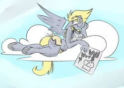 Size: 1400x1000 | Tagged: anthro, artist:cider, breasts, busty derpy hooves, cloud, derpibooru import, derpy hooves, female, muscles, sign, solo, suggestive