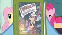 Size: 854x480 | Tagged: book, caption, daring do, derpibooru import, edit, edited screencap, fluttershy, meme, pinkie pie, rainbow dash, read it and weep, safe, screencap, youtube caption