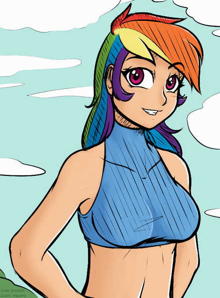 Size: 645x871 | Tagged: artist:hazama, artist:scorpdk, belly button, colored, derpibooru import, edit, human, humanized, midriff, rainbow dash, safe, solo