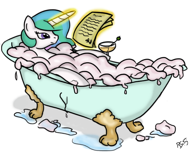 Size: 667x523 | Tagged: alcohol, artist:ransurround, bath, bathtub, bubble bath, claw foot bathtub, derpibooru import, drink, martini, princess celestia, safe, scroll, solo, tub, wet