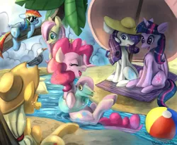 Size: 1275x1050 | Tagged: safe, artist:terrac0tta, derpibooru import, applejack, fluttershy, pinkie pie, rainbow dash, rarity, twilight sparkle, twilight sparkle (alicorn), alicorn, bird, pony, seagull, ball, beach, beach ball, beach blanket, female, floaty, hat, inner tube, mane six, mare, sunglasses