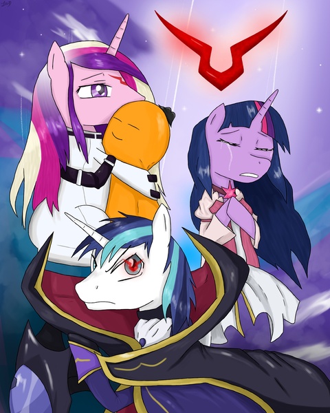 Size: 2400x3000 | Tagged: artist:mlj-lucarias, c.c., code geass, crossover, crying, derpibooru import, eyes closed, frown, geass, glare, gritted teeth, lelouch vi britannia, princess cadance, safe, shining armor, twilight sparkle