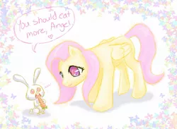 Size: 1750x1278 | Tagged: safe, artist:dovetale-may, derpibooru import, angel bunny, fluttershy, pegasus, pony, rabbit, animal, carrot, code geass, food, geass, mind control, speech, stare, talking, the stare