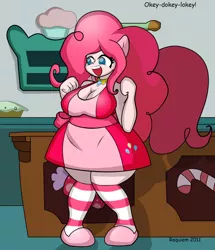 Size: 900x1046 | Tagged: ambiguous facial structure, anthro, artist:requiems-dirge, breasts, busty pinkie pie, clothes, derpibooru import, element of laughter, fat, female, happy, pinkie pie, pudgy pie, safe, socks, solo, striped socks