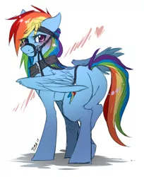Size: 546x669 | Tagged: artist:mr-tiaa, blushing, bridle, butt, collar, derpibooru import, female, floppy ears, harness, heart, looking at you, looking back, plot, rainbow dash, reins, smiling, solo, solo female, spread wings, standing, suggestive, tack, wings