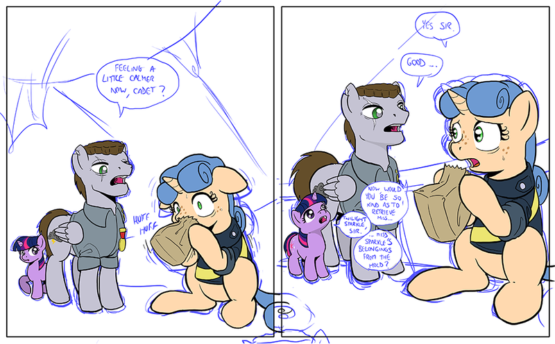 Size: 1000x620 | Tagged: artist:muffinshire, comic, comic:twilight's first day, derpibooru import, dexterous hooves, female, filly, hyperventilating, oc, oc:sergeant thunderhead, paper bag, safe, scar, twilight sparkle, wip