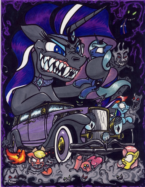 Size: 2548x3292 | Tagged: safe, artist:sketchywolf-13, derpibooru import, applejack, fluttershy, nightmare rarity, pinkie pie, princess luna, rainbow dash, twilight sparkle, pegasus, pony, car, female, mare, nightmare forces, rat fink