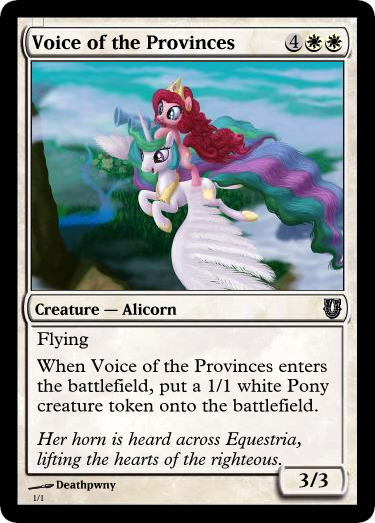 Size: 375x523 | Tagged: safe, artist:deathpwny, derpibooru import, pinkie pie, princess celestia, pony, accessory swap, card, female, flying, lesbian, magic the gathering, pinkielestia, ponies riding ponies, riding, shipping