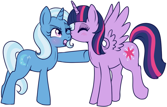 Size: 659x425 | Tagged: safe, artist:lulubell, derpibooru import, trixie, twilight sparkle, twilight sparkle (alicorn), alicorn, pony, female, kissing, lesbian, shipping, simple background, transparent background, tsundere, tsunderixie, twixie