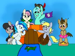 Size: 1972x1468 | Tagged: safe, artist:tilly-towell, derpibooru import, bon bon, derpy hooves, doctor whooves, lyra heartstrings, octavia melody, sweetie drops, time turner, vinyl scratch, alligator, crocodile, dragon, pony, :o, :t, background six, bipedal, blank flank, blushing, bow, castle, clothes, crossdressing, cute, drag, dress, female, filly, fort, frown, glare, grin, hat, open mouth, pirate, playing, plushie, pretend, question mark, shield, skull, smiling, smirk, spoon, sword, tongue out, weapon, wings, younger
