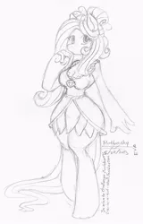 Size: 457x715 | Tagged: 30 minute art challenge, anthro, artist:evangle, clothes, derpibooru import, dress, fluttershy, monochrome, safe, solo