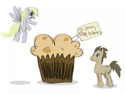 Size: 800x605 | Tagged: safe, artist:sleepyheadkl, derpibooru import, derpy hooves, doctor whooves, time turner, pegasus, pony, female, food, giant muffin, mare, muffin, present