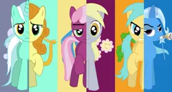 Size: 1024x549 | Tagged: safe, artist:bico-kun, derpibooru import, carrot top, cheerilee, derpy hooves, golden harvest, lyra heartstrings, sunshower raindrops, trixie, pegasus, pony, alternate universe, female, luna six, lunaverse, mare, swapped cutie marks, what my cutie mark is telling me