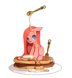 Size: 600x647 | Tagged: safe, artist:19ham, derpibooru import, pinkie pie, :p, butter, food, fork, messy, micro, pancakes, pinkamena diane pie, plate, ponies in food, solo, spoon, syrup, tongue out, wat