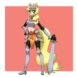 Size: 3240x3240 | Tagged: applejack, armor, artist:hotokotenshi, belly button, derpibooru import, eared humanization, human, humanized, midriff, safe, skinny, solo, sword, tailed humanization, weapon