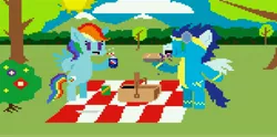 Size: 10144x5040 | Tagged: safe, artist:artistbrony, derpibooru import, rainbow dash, soarin', pony, absurd resolution, bipedal, female, food, hoof hold, jpg artifacts, male, pepsi, picnic, pie, pixel art, shipping, soarindash, soda, straight, that pony sure does love pies