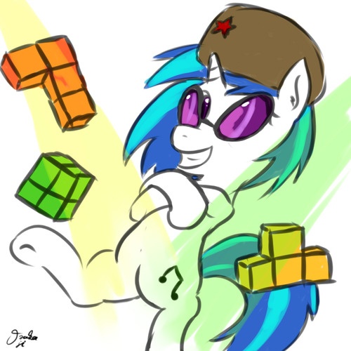 Size: 500x500 | Tagged: artist:osakaoji, dancing, derpibooru import, hat, safe, solo, tetris, ushanka, vinyl scratch