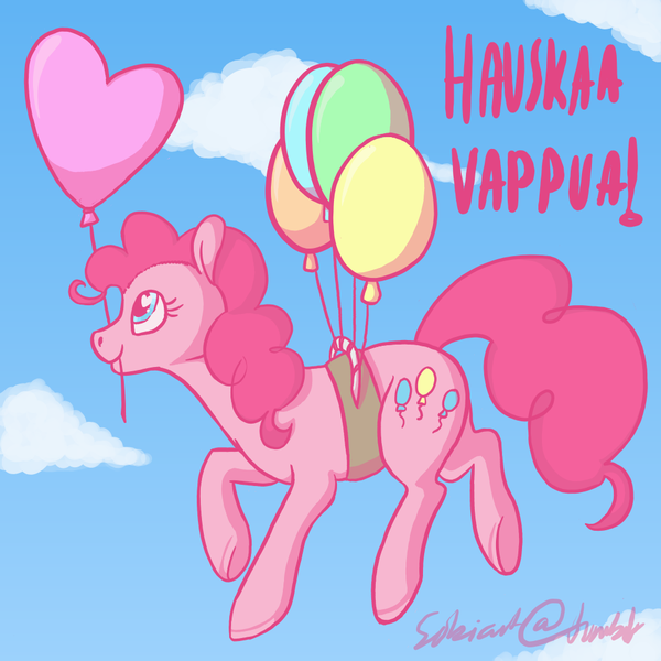 Size: 1000x1000 | Tagged: dead source, safe, artist:sobi, derpibooru import, pinkie pie, earth pony, pony, balloon, finnish, floating, solo, then watch her balloons lift her up to the sky