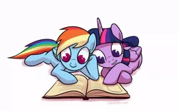 Size: 800x502 | Tagged: safe, artist:naroclie, derpibooru import, rainbow dash, twilight sparkle, twilight sparkle (alicorn), alicorn, pony, book, duo, female, mare, reading