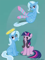 Size: 605x804 | Tagged: artist:brianblackberry, bedroom eyes, clothes, derpibooru import, facial hair, halo, innocent, moustache, safe, socks, striped socks, trixie, twilight is not amused, twilight sparkle, unamused