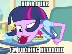 Size: 472x353 | Tagged: safe, derpibooru import, edit, edited screencap, screencap, twilight sparkle, equestria girls, equestria girls (movie), apple, caption, food, hurr durr, image macro, mouth hold, retarded, solo, text, vulgar