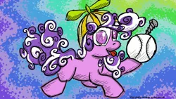 Size: 1366x768 | Tagged: safe, artist:thelonelampman, derpibooru import, screwball, :p, ball, baseball, female, filly, hat, hoof hold, looking at you, propeller hat, screw, smiling, solo, sports, tongue out, younger