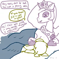 Size: 600x600 | Tagged: suggestive, artist:ficficponyfic, derpibooru import, princess celestia, oc, oc:golden brisk, princess molestia, aftersex, canon x oc, colt, comforting, crying, implied pegging, male, ruined for marriage, trap