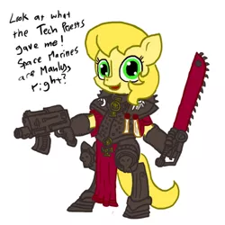 Size: 600x600 | Tagged: safe, artist:ficficponyfic, derpibooru import, oc, oc:golden brisk, unofficial characters only, pony, adepta sororitas, armor, bipedal, bolter, chainsword, colt, crossover, gun, happy, male, missing the point, power armor, powered exoskeleton, purity seal, simple background, smiling, solo, speech bubble, sword, talking, trap, warhammer (game), warhammer 40k, weapon, white background