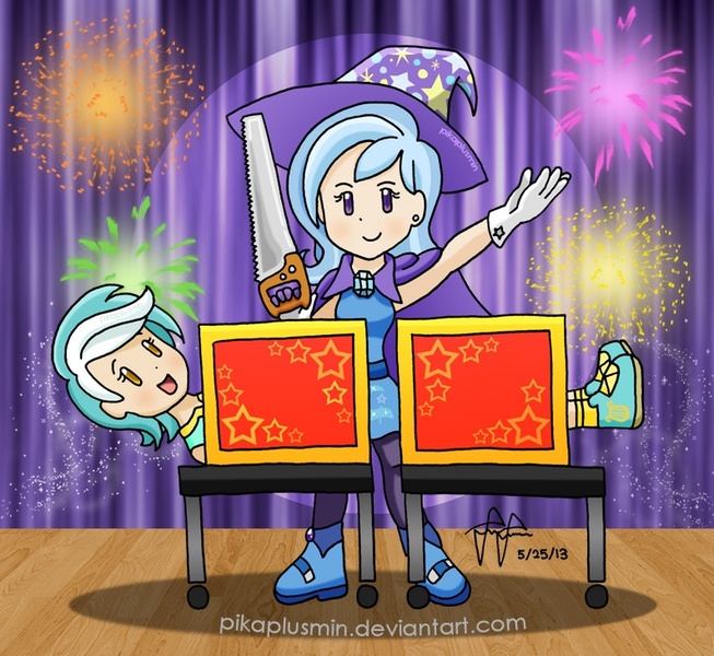 Size: 795x731 | Tagged: artist:pikaplusmin, box, box sawing trick, derpibooru import, half, human, humanized, lyra heartstrings, magic trick, modular, safe, trixie