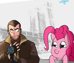 Size: 900x762 | Tagged: artist:icebreak23, crossover, derpibooru import, grand theft auto, human, niko bellic, pinkie pie, safe